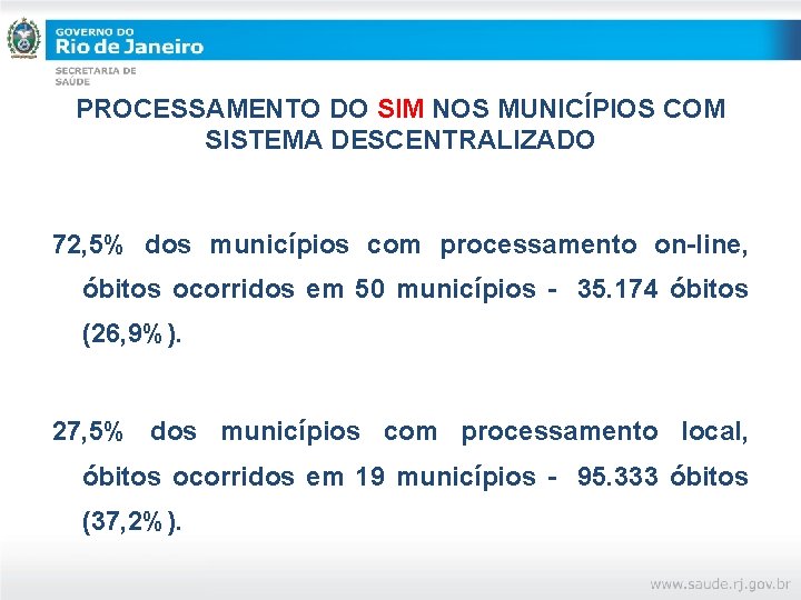 PROCESSAMENTO DO SIM NOS MUNICÍPIOS COM SISTEMA DESCENTRALIZADO 72, 5% dos municípios com processamento