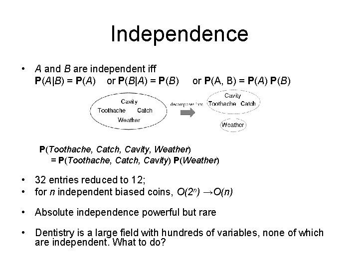 Independence • A and B are independent iff P(A|B) = P(A) or P(B|A) =