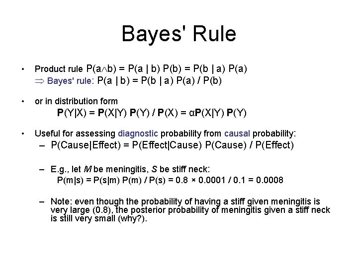 Bayes' Rule • Product rule P(a b) = P(a | b) P(b) = P(b