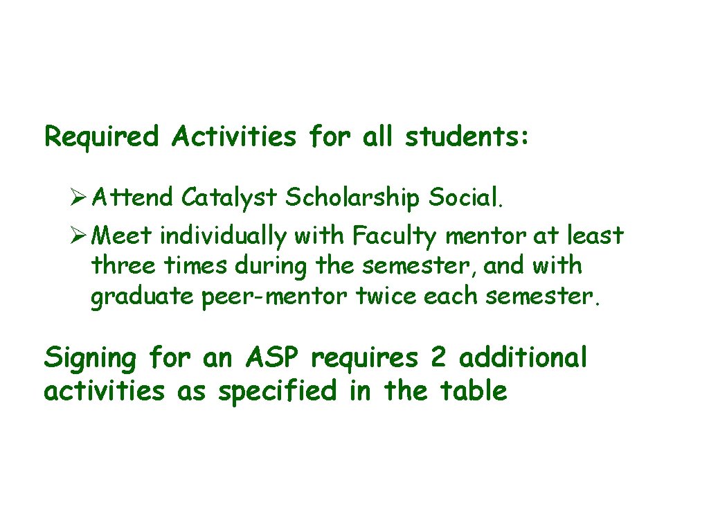 Required Activities for all students: Ø Attend Catalyst Scholarship Social. Ø Meet individually with Required Activities for all students: Ø Attend Catalyst Scholarship Social. Ø Meet individually with