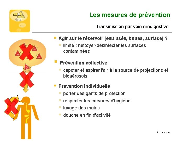 Les mesures de prévention Transmission par voie orodigestive § Agir sur le réservoir (eau