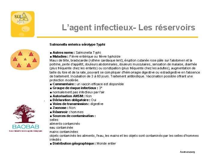 L’agent infectieux- Les réservoirs Salmonella enterica sérotype Typhi ■ Autres noms : Salmonella Typhi
