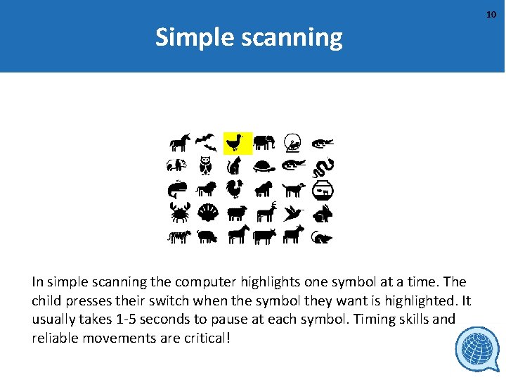 Simple scanning In simple scanning the computer highlights one symbol at a time. The