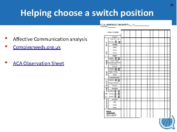 Helping choose a switch position • • Affective Communication analysis Complexneeds. org. uk •