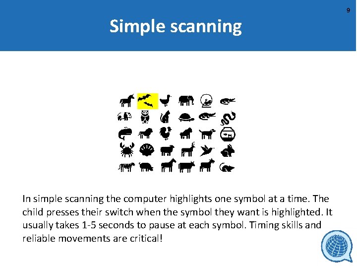 Simple scanning In simple scanning the computer highlights one symbol at a time. The