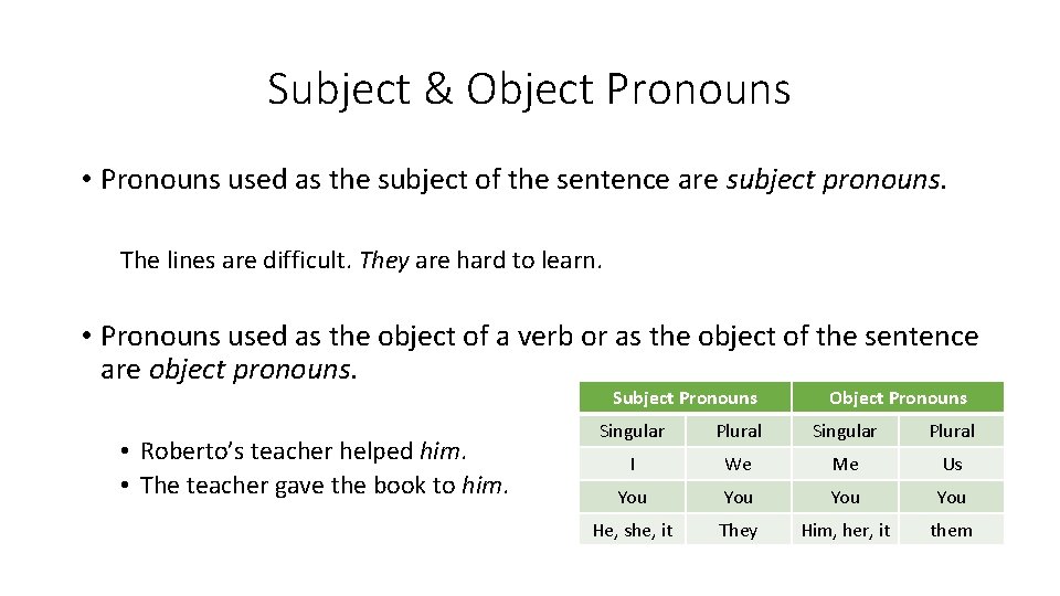 Subject & Object Pronouns • Pronouns used as the subject of the sentence are