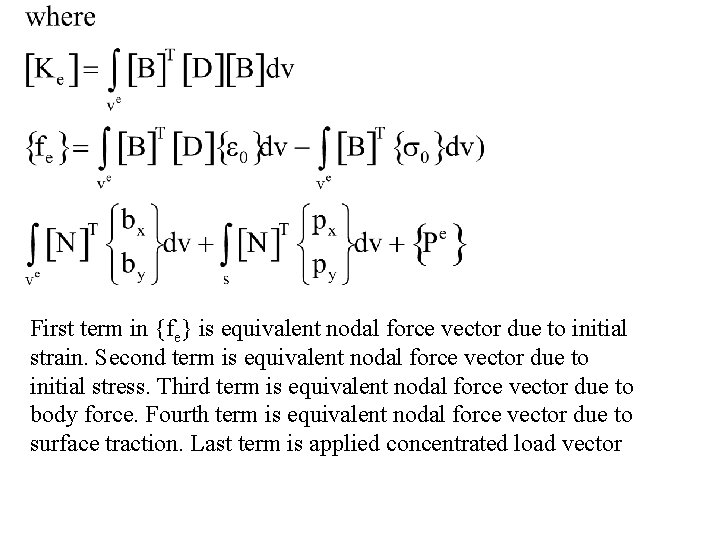 First term in {fe} is equivalent nodal force vector due to initial strain. Second