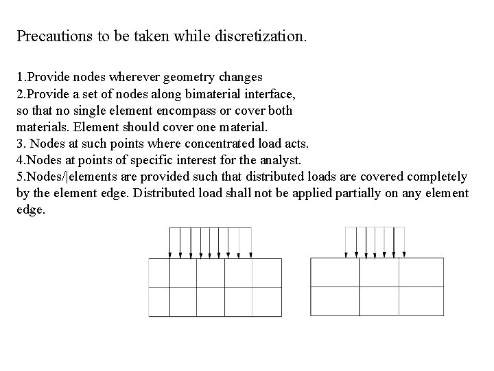 Precautions to be taken while discretization. 1. Provide nodes wherever geometry changes 2. Provide