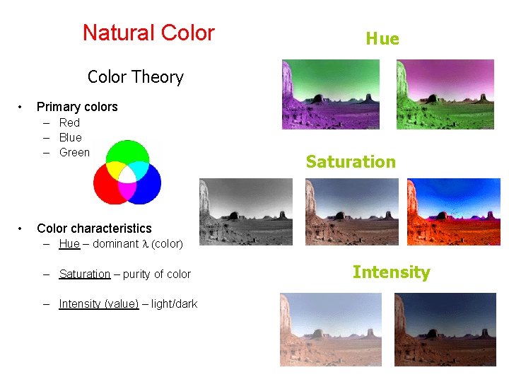 Natural Color Hue Color Theory • Primary colors – Red – Blue – Green