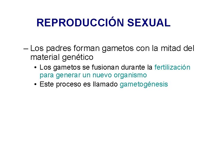 REPRODUCCIÓN SEXUAL – Los padres forman gametos con la mitad del material genético • REPRODUCCIÓN SEXUAL – Los padres forman gametos con la mitad del material genético •