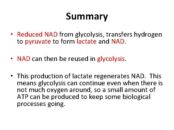 Summary • Reduced NAD from glycolysis, transfers hydrogen to pyruvate to form lactate and