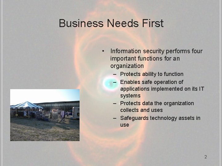 Business Needs First • Information security performs four important functions for an organization –