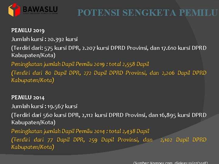 POTENSI SENGKETA PEMILU 2019 Jumlah kursi : 20. 392 kursi (Terdiri dari: 575 kursi