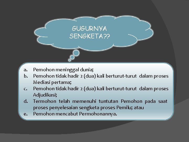 GUGURNYA SENGKETA? ? a. Pemohon meninggal dunia; b. Pemohon tidak hadir 2 (dua) kali