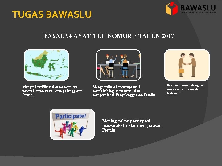 TUGAS BAWASLU PASAL 94 AYAT 1 UU NOMOR 7 TAHUN 2017 Mengindentifikasi dan memetakan