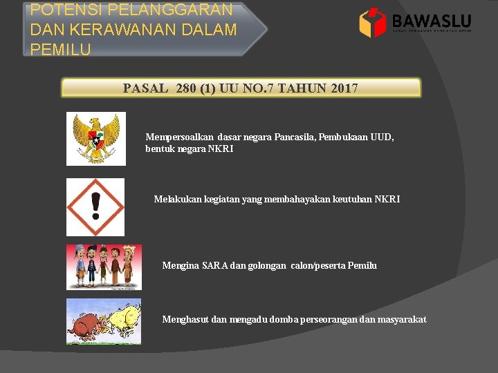 POTENSI PELANGGARAN DAN KERAWANAN DALAM PEMILU PASAL 280 (1) UU NO. 7 TAHUN 2017