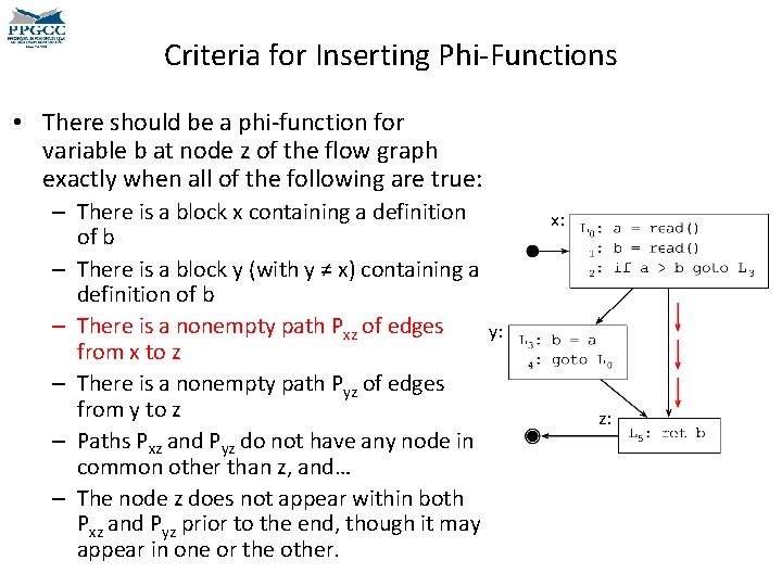 Criteria for Inserting Phi-Functions • There should be a phi-function for variable b at Criteria for Inserting Phi-Functions • There should be a phi-function for variable b at