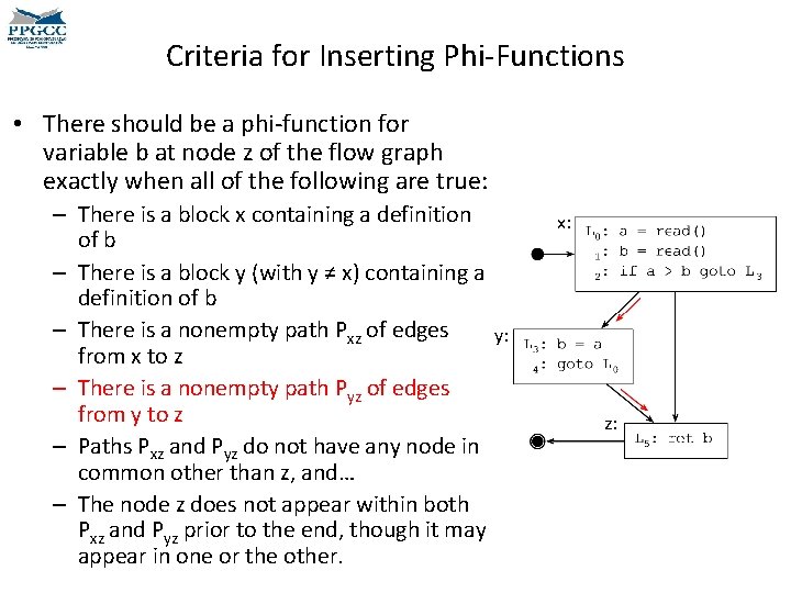 Criteria for Inserting Phi-Functions • There should be a phi-function for variable b at Criteria for Inserting Phi-Functions • There should be a phi-function for variable b at