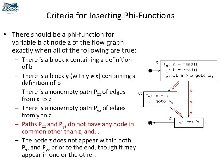 Criteria for Inserting Phi-Functions • There should be a phi-function for variable b at Criteria for Inserting Phi-Functions • There should be a phi-function for variable b at