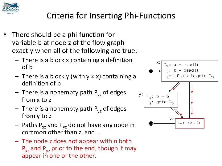 Criteria for Inserting Phi-Functions • There should be a phi-function for variable b at Criteria for Inserting Phi-Functions • There should be a phi-function for variable b at