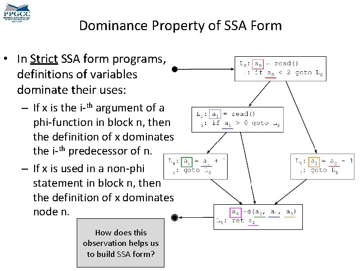 Dominance Property of SSA Form • In Strict SSA form programs, definitions of variables Dominance Property of SSA Form • In Strict SSA form programs, definitions of variables