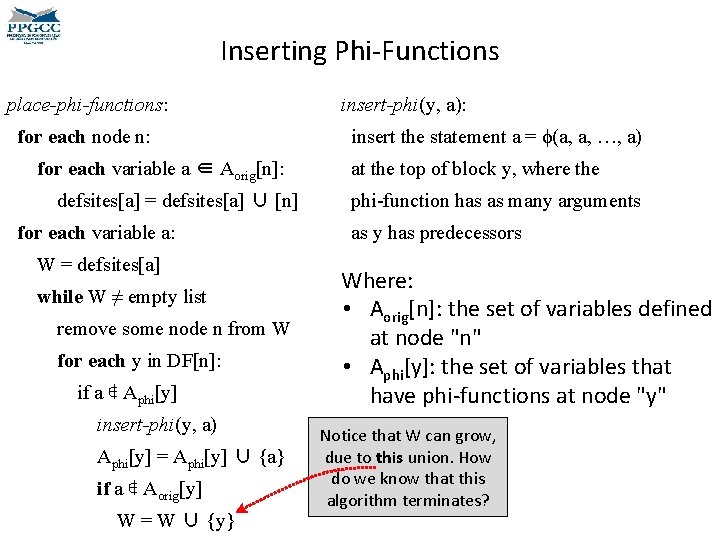 Inserting Phi-Functions place-phi-functions: for each node n: for each variable a ∈ Aorig[n]: defsites[a]