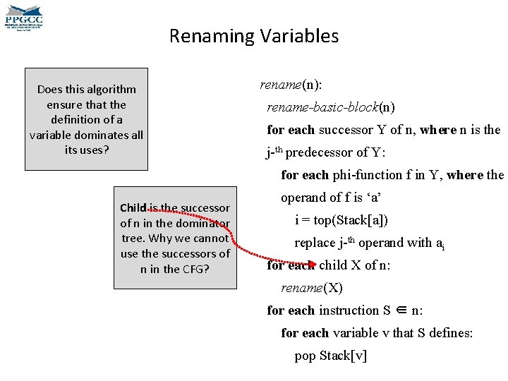 Renaming Variables Does this algorithm ensure that the definition of a variable dominates all Renaming Variables Does this algorithm ensure that the definition of a variable dominates all