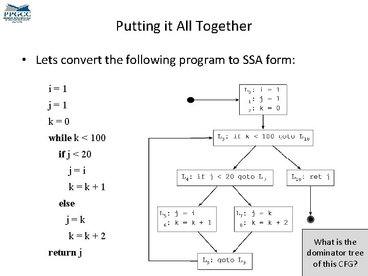 Putting it All Together • Lets convert the following program to SSA form: i=1 Putting it All Together • Lets convert the following program to SSA form: i=1