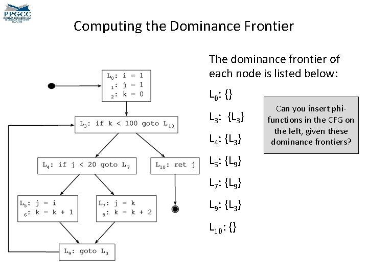 Computing the Dominance Frontier The dominance frontier of each node is listed below: L Computing the Dominance Frontier The dominance frontier of each node is listed below: L