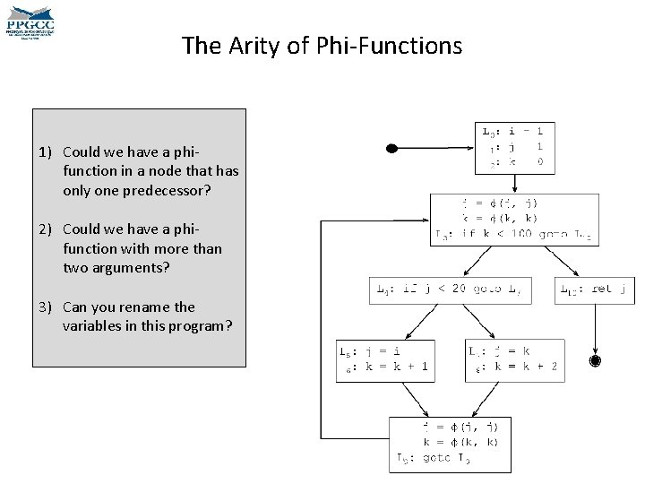 The Arity of Phi-Functions 1) Could we have a phifunction in a node that The Arity of Phi-Functions 1) Could we have a phifunction in a node that