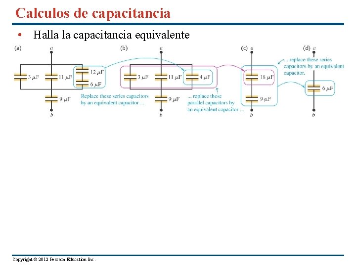 Calculos de capacitancia • Halla la capacitancia equivalente Copyright © 2012 Pearson Education Inc.