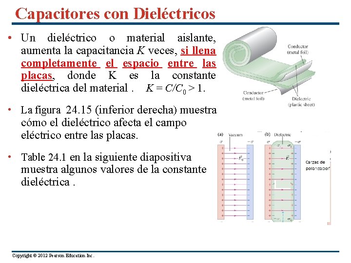 Capacitores con Dieléctricos • Un dieléctrico o material aislante, aumenta la capacitancia K veces,