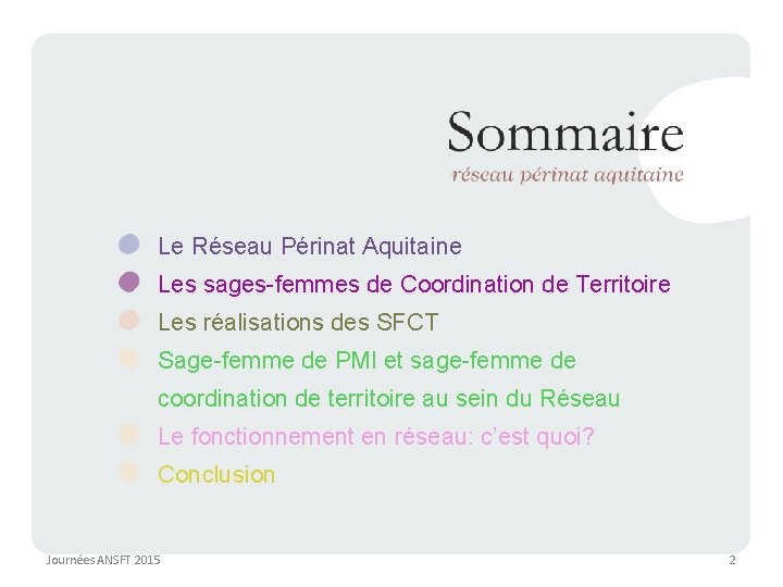 Le Réseau Périnat Aquitaine Les sages-femmes de Coordination de Territoire Les réalisations des SFCT