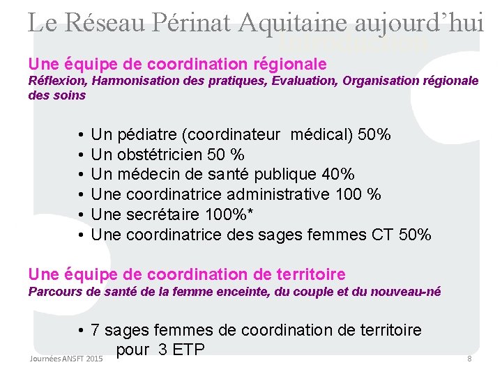 Le Réseau Périnat Aquitaine aujourd’hui Introduction Une équipe de coordination régionale Réflexion, Harmonisation des