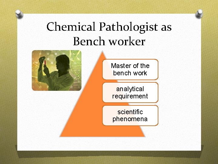 Chemical Pathologist as Bench worker Master of the bench work analytical requirement scientific phenomena Chemical Pathologist as Bench worker Master of the bench work analytical requirement scientific phenomena