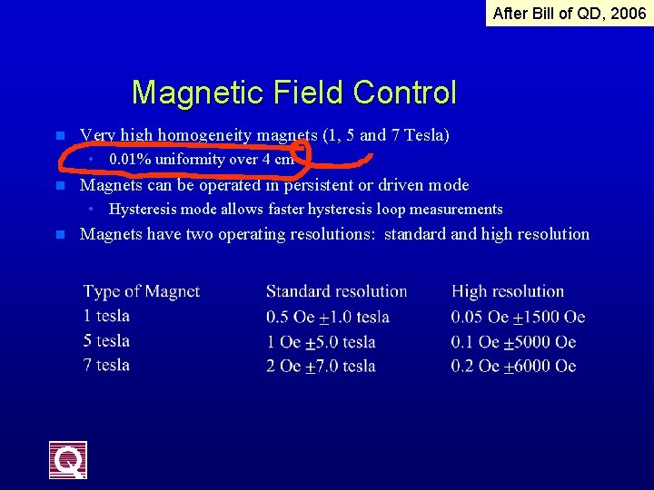 After Bill of QD, 2006 Magnetic Field Control n Very high homogeneity magnets (1,