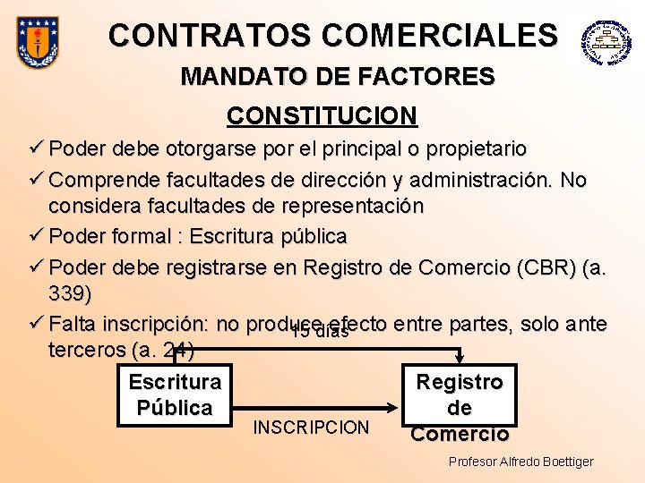 CONTRATOS COMERCIALES MANDATO DE FACTORES CONSTITUCION ü Poder debe otorgarse por el principal o