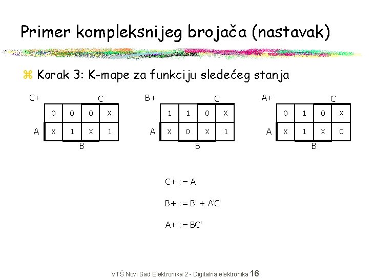 Primer kompleksnijeg brojača (nastavak) z Korak 3: K-mape za funkciju sledećeg stanja C+ A