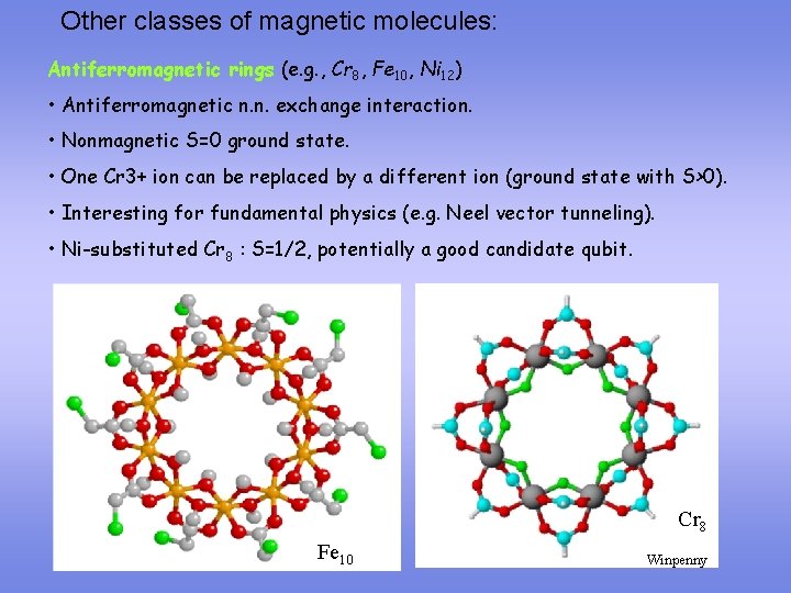 Other classes of magnetic molecules: Antiferromagnetic rings (e. g. , Cr 8, Fe 10,