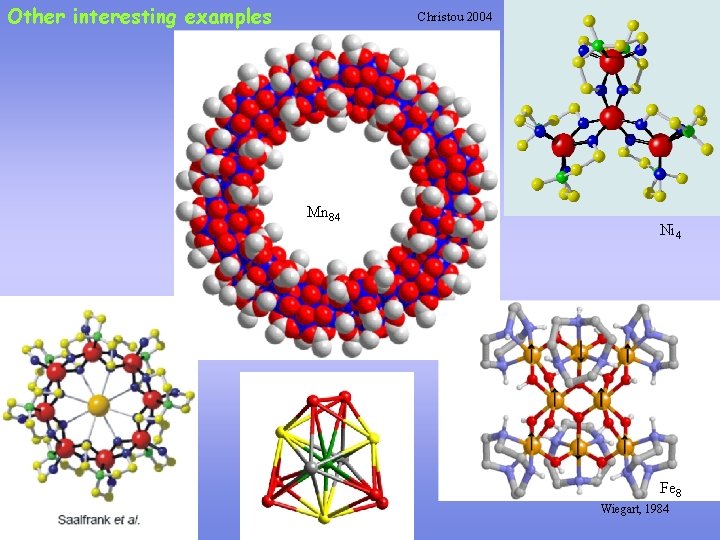 Other interesting examples Christou 2004 Mn 84 Ni 4 Fe 8 Wiegart, 1984 