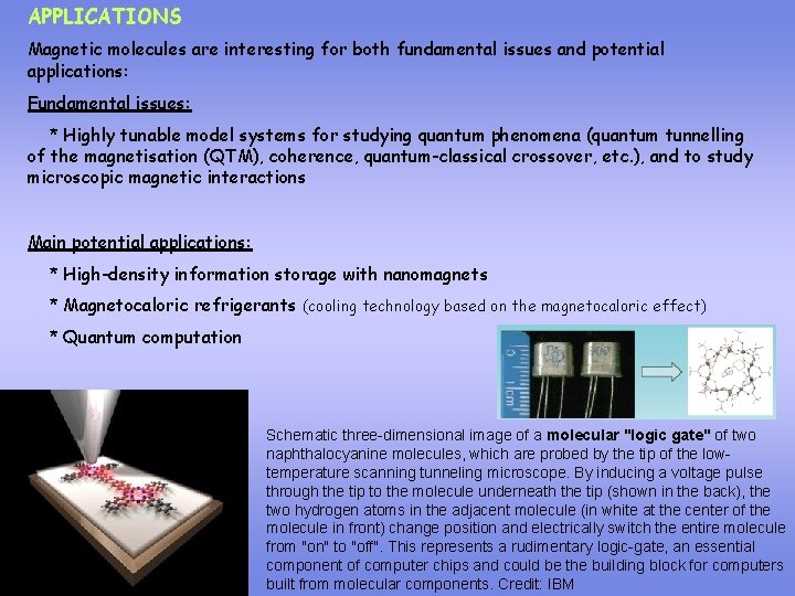 APPLICATIONS Magnetic molecules are interesting for both fundamental issues and potential applications: Fundamental issues: