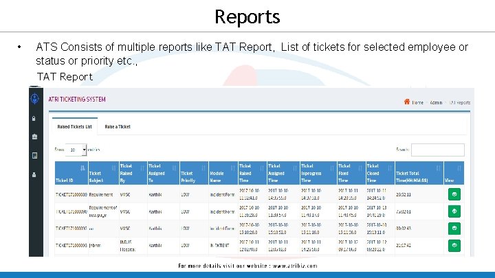 Reports • ATS Consists of multiple reports like TAT Report, List of tickets for