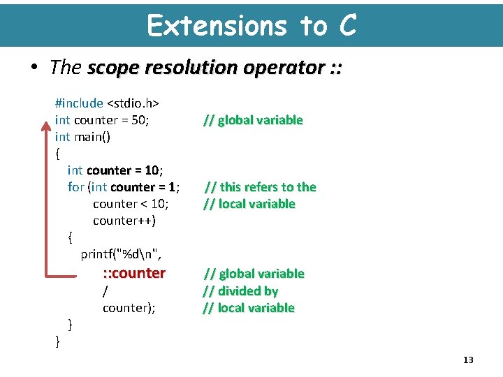 Extensions to C • The scope resolution operator : : #include <stdio. h> int