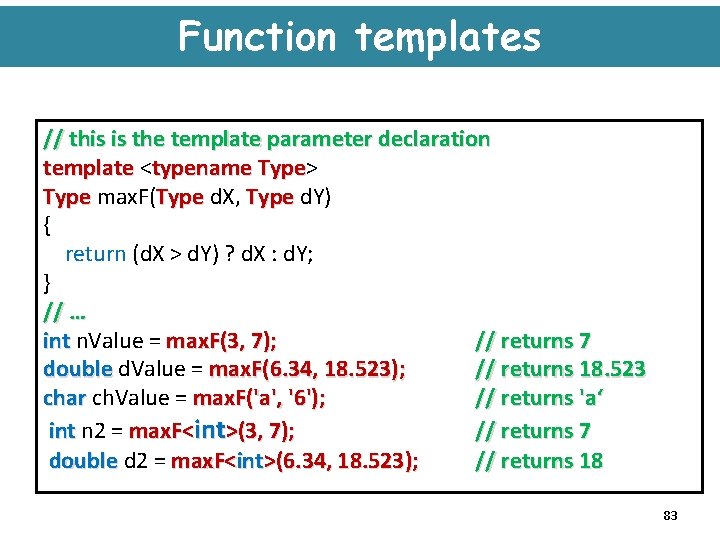 Function templates // this is the template parameter declaration template < template typename Type>