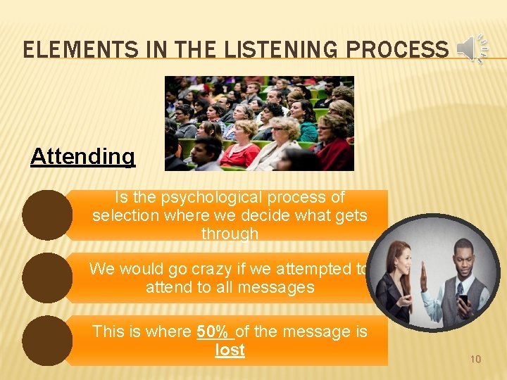 ELEMENTS IN THE LISTENING PROCESS Attending Is the psychological process of selection where we