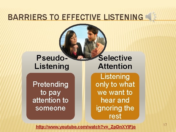 BARRIERS TO EFFECTIVE LISTENING Pseudo. Listening Selective Attention Pretending to pay attention to someone