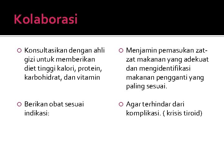 Kolaborasi Konsultasikan dengan ahli gizi untuk memberikan diet tinggi kalori, protein, karbohidrat, dan vitamin