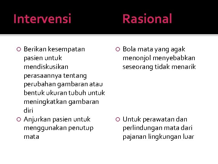 Intervensi Berikan kesempatan pasien untuk mendiskusikan perasaannya tentang perubahan gambaran atau bentuk ukuran tubuh Intervensi Berikan kesempatan pasien untuk mendiskusikan perasaannya tentang perubahan gambaran atau bentuk ukuran tubuh