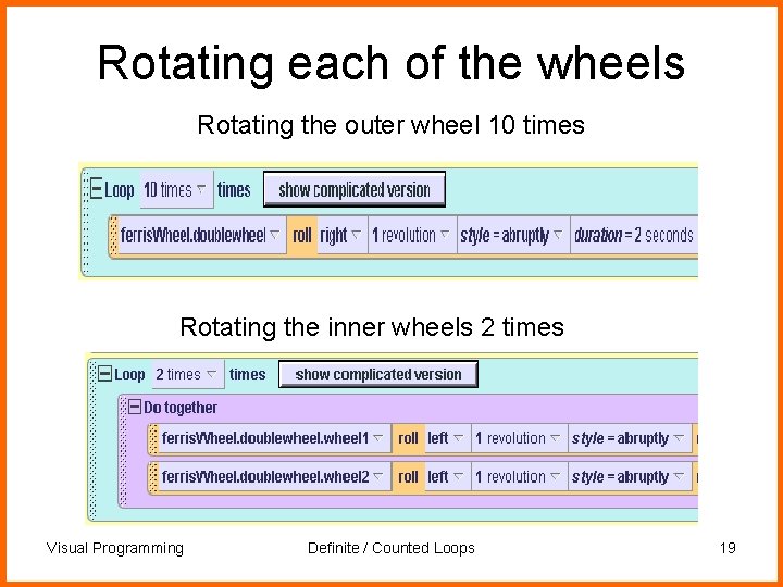 Rotating each of the wheels Rotating the outer wheel 10 times Rotating the inner