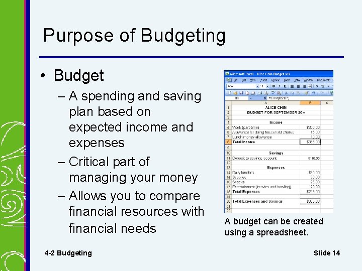 Purpose of Budgeting • Budget – A spending and saving plan based on expected Purpose of Budgeting • Budget – A spending and saving plan based on expected